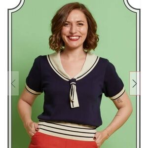 Navy Sailor-Style Knit Top with Cream Trim